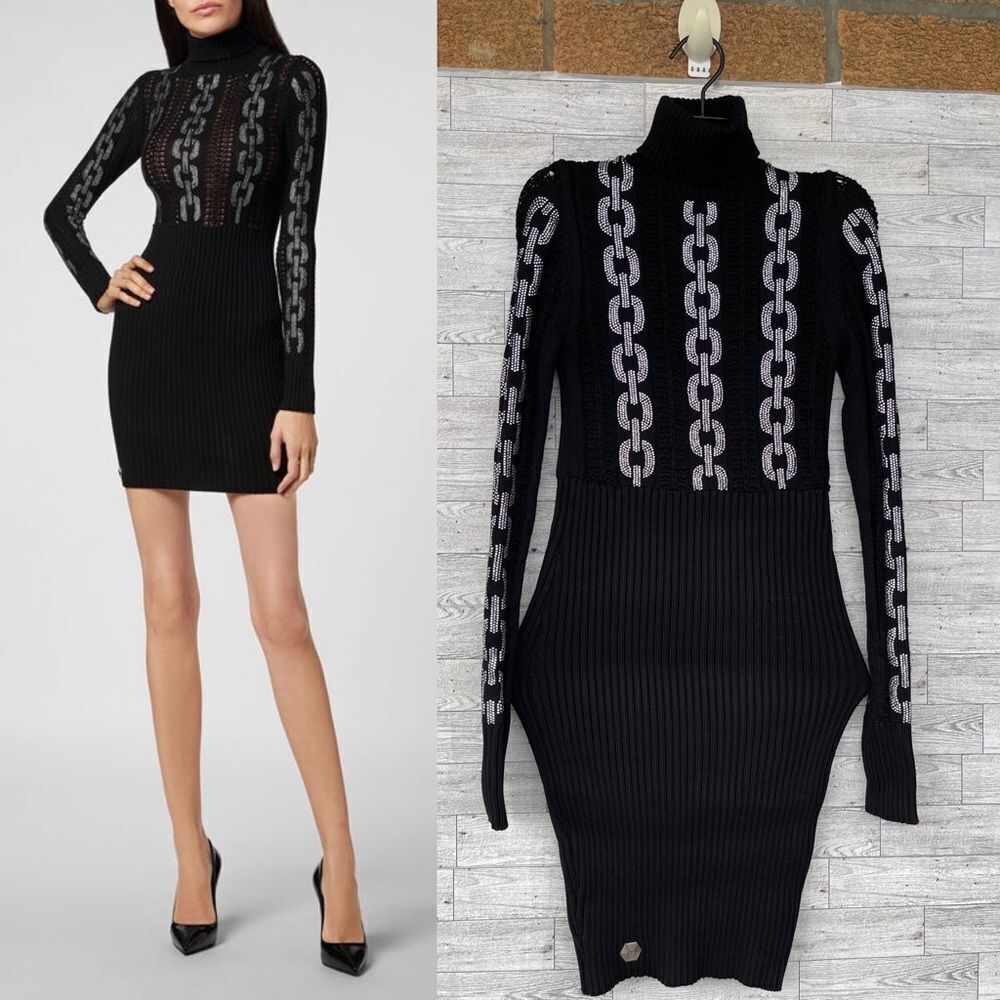 Philipp Plein Black Mini Dress with Silver Chain Detail